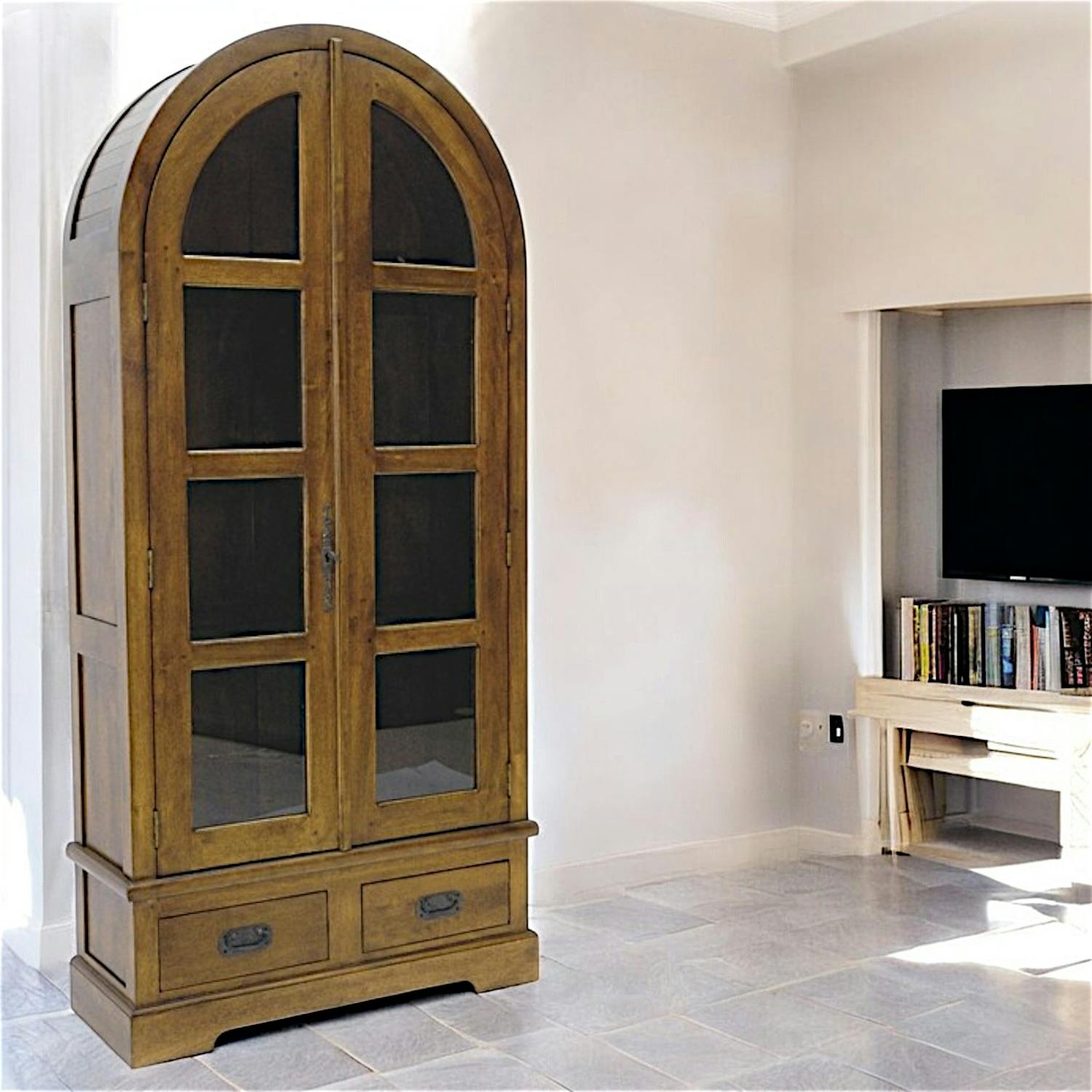 Bibliothèque ogive 2 portes 2 tiroirs hévéa 86X180cm TRADITION