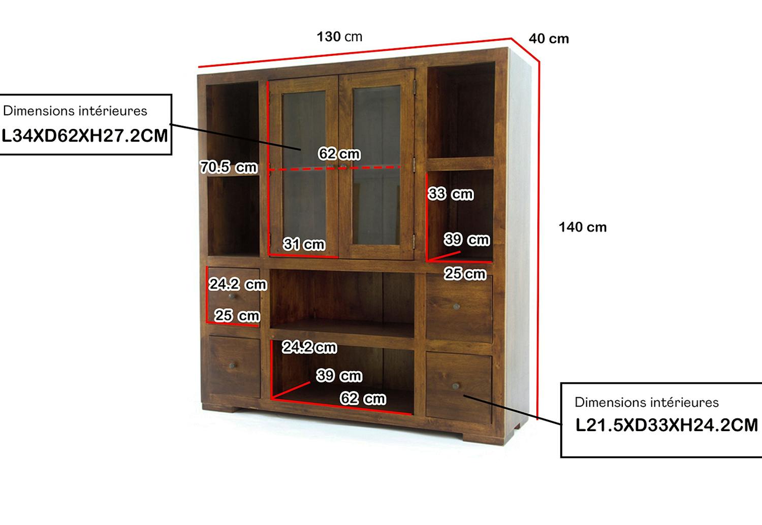 Bibliothèque / Vaisselier Hévéa 2 portes vitrées et bois, 2 tiroirs, 6 niches 130x40x140cm OLGA