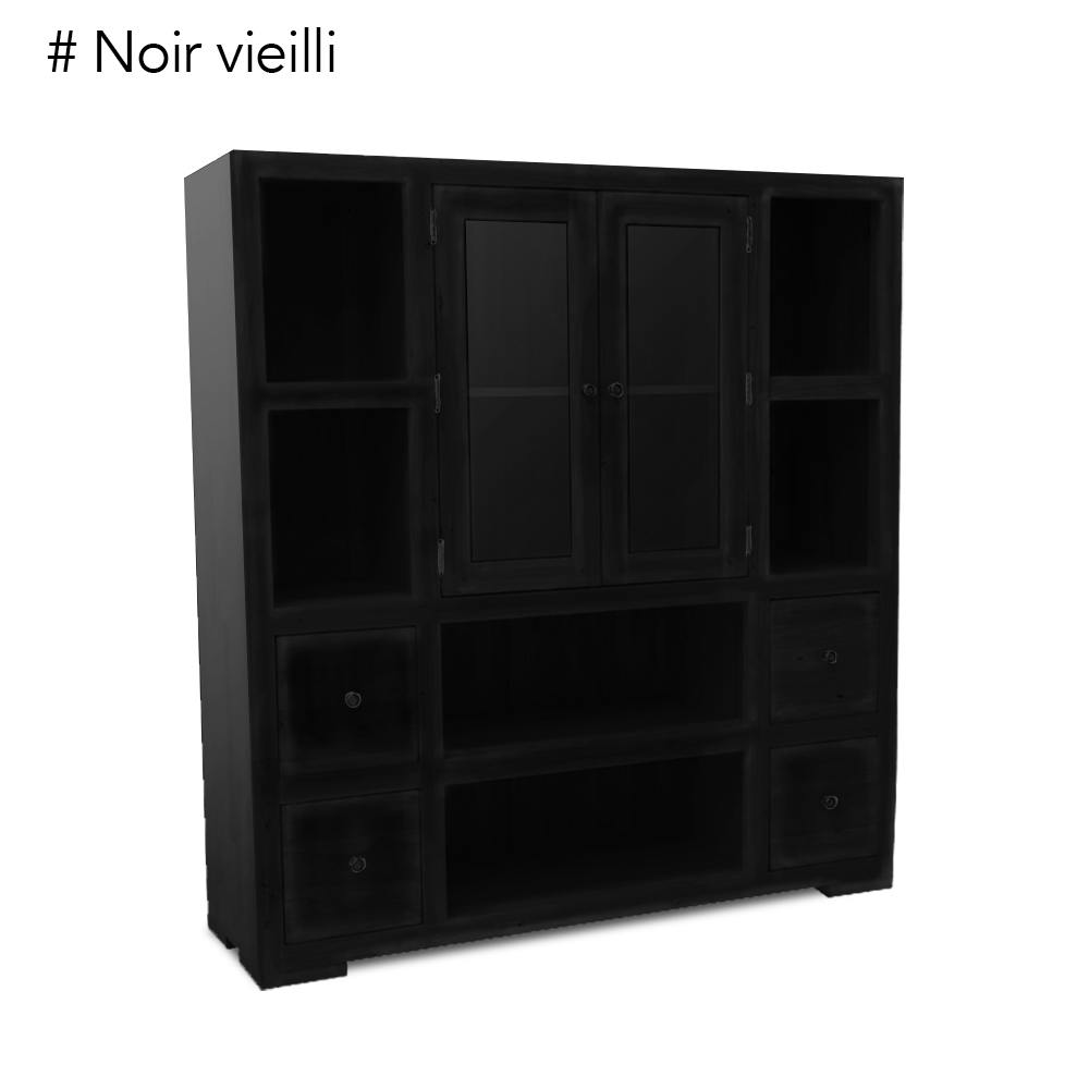 Bibliothèque / Vaisselier Hévéa 2 portes vitrées et bois, 2 tiroirs, 6 niches 130x40x140cm OLGA