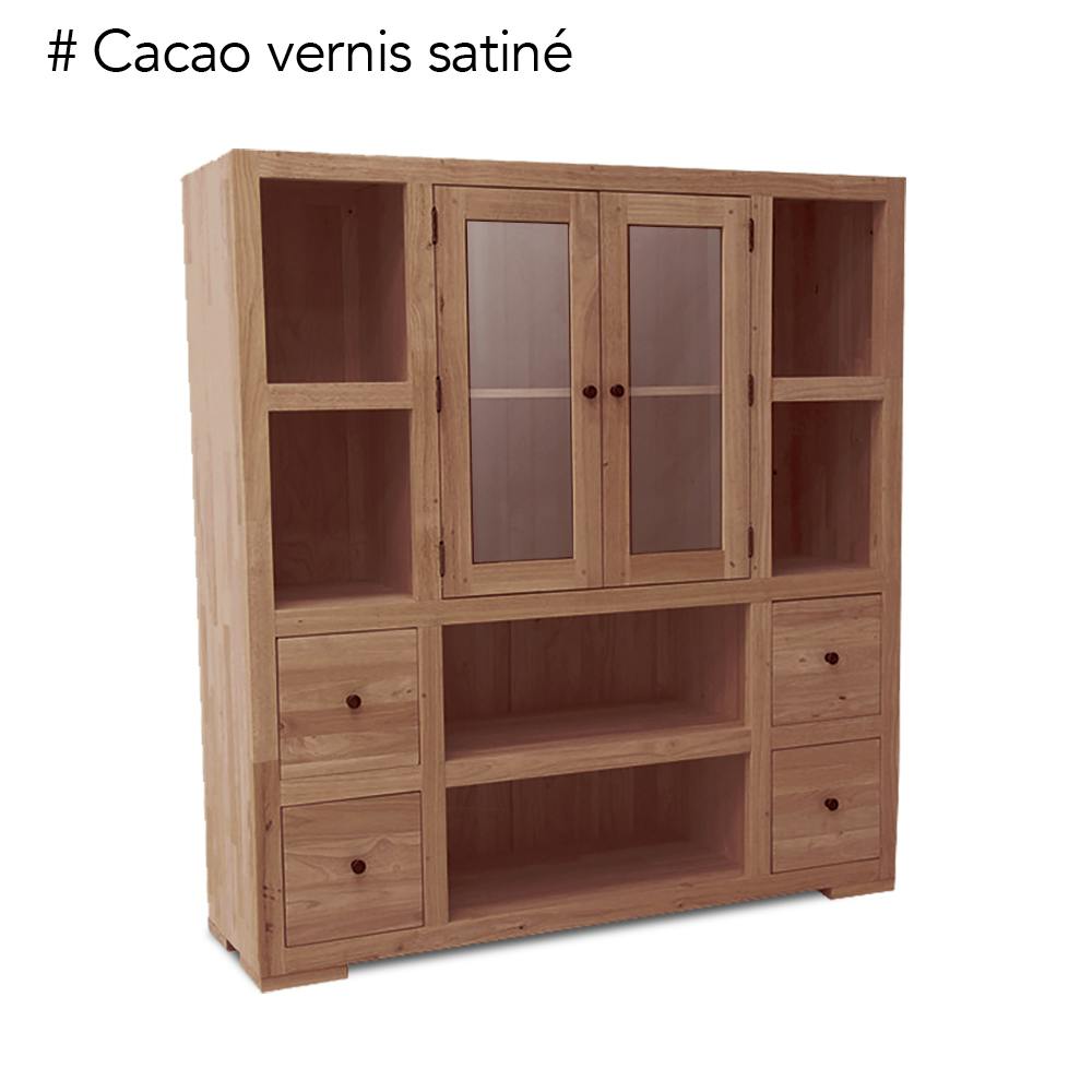 Bibliothèque / Vaisselier Hévéa 2 portes vitrées et bois, 2 tiroirs, 6 niches 130x40x140cm OLGA