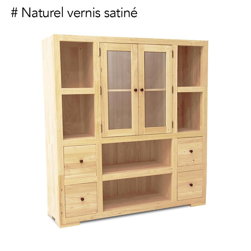 Bibliothèque / Vaisselier Hévéa 2 portes vitrées et bois, 2 tiroirs, 6 niches 130x40x140cm OLGA