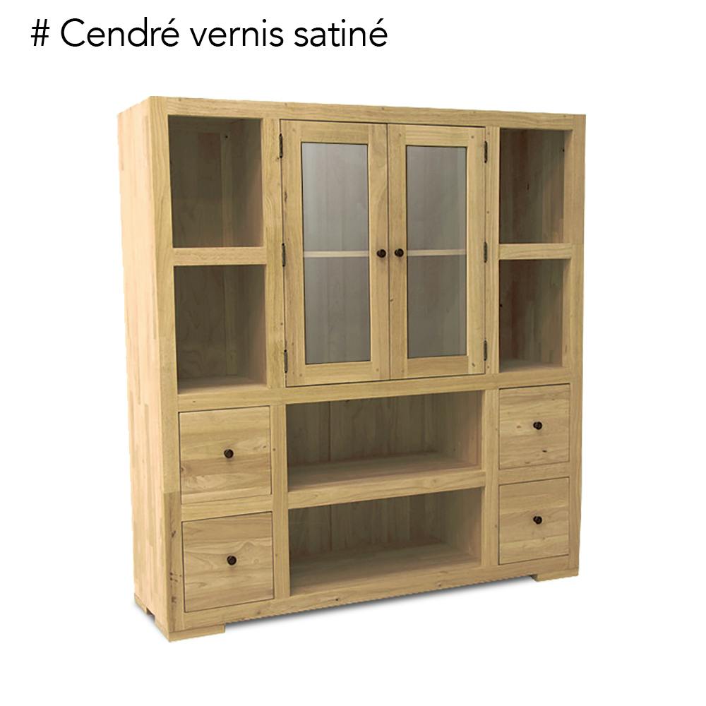 Bibliothèque / Vaisselier Hévéa 2 portes vitrées et bois, 2 tiroirs, 6 niches 130x40x140cm OLGA