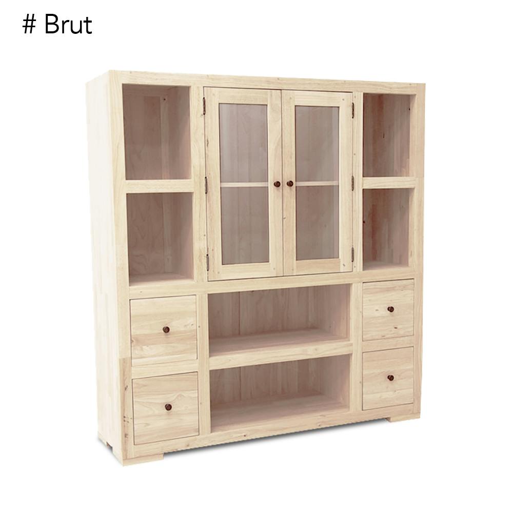 Bibliothèque / Vaisselier Hévéa 2 portes vitrées et bois, 2 tiroirs, 6 niches 130x40x140cm OLGA