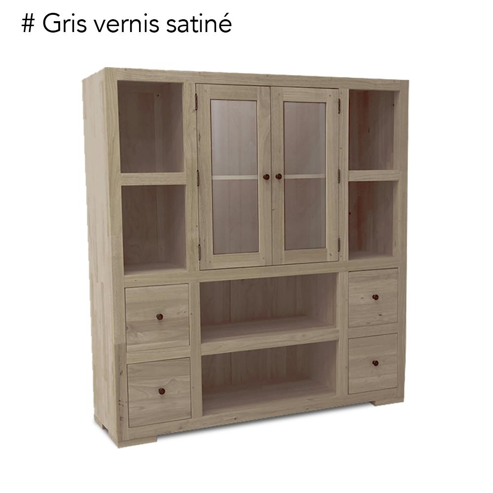 Bibliothèque / Vaisselier Hévéa 2 portes vitrées et bois, 2 tiroirs, 6 niches 130x40x140cm OLGA