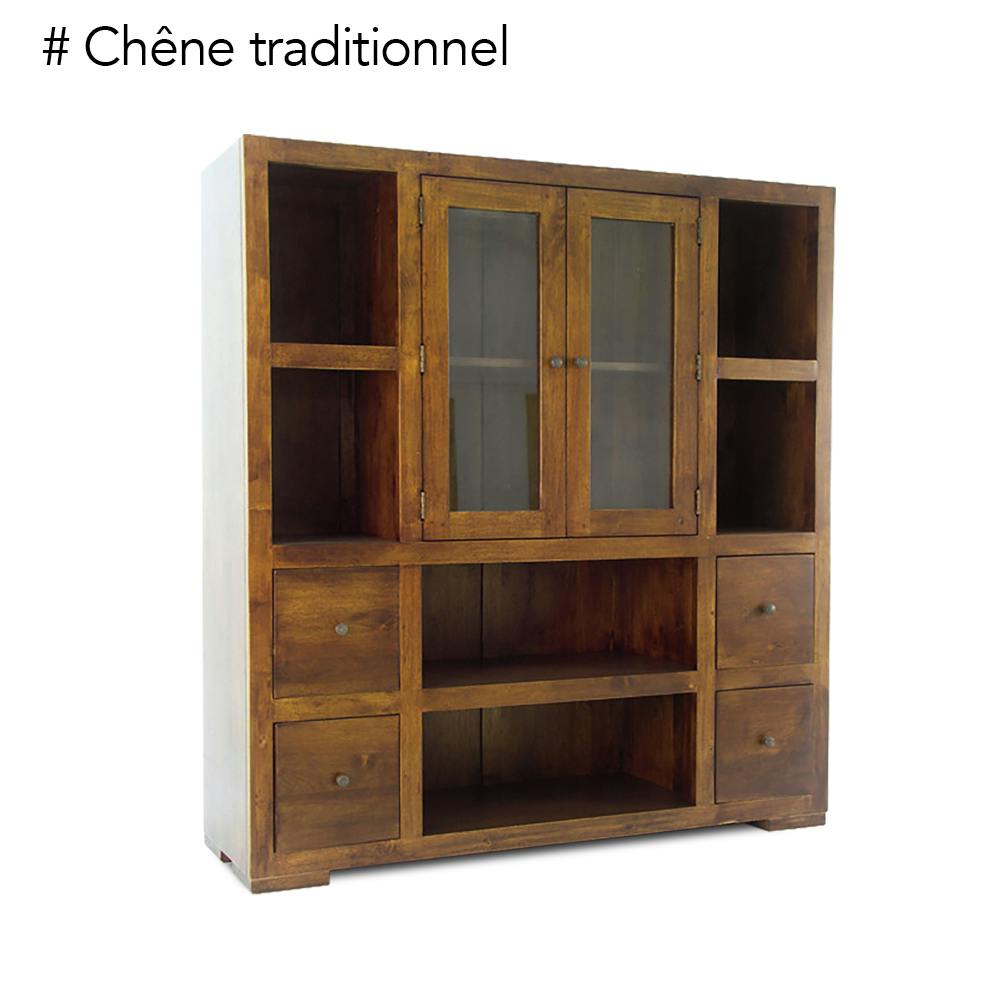 Bibliothèque / Vaisselier Hévéa 2 portes vitrées et bois, 2 tiroirs, 6 niches 130x40x140cm OLGA