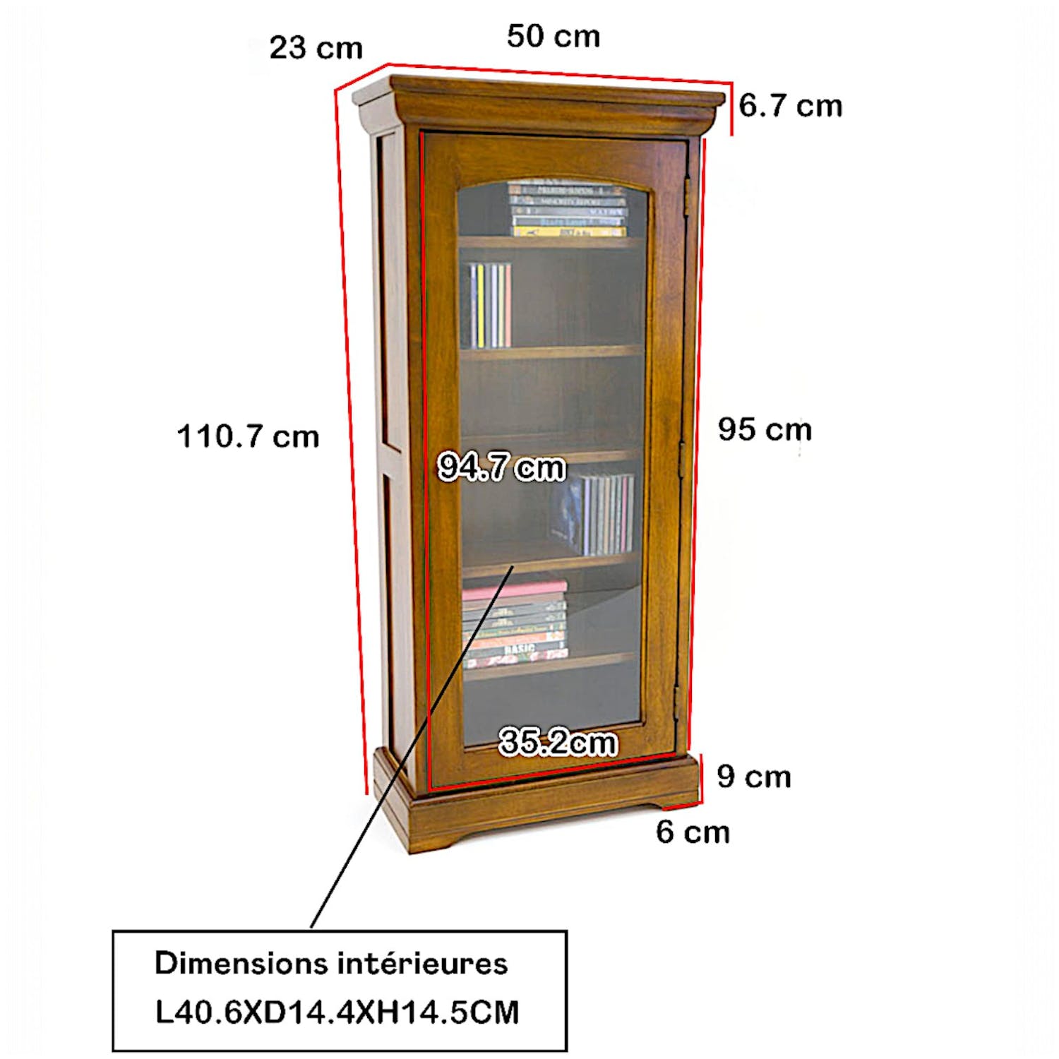 Bibliothèque vitrée Hévéa 1 porte, 6 étages 50x23x110,7cm TRADITION