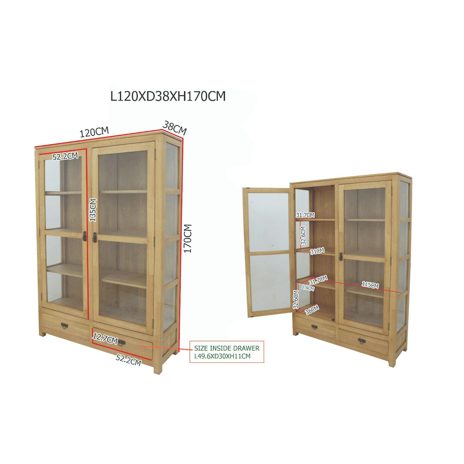 Bibliothèque vitrée Hévéa 2 portes, 2 tiroirs, 120x38x170cm HELENA