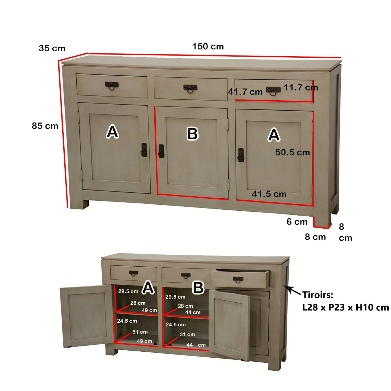 Buffet 3 portes exotique hévéa 150cm HELENA