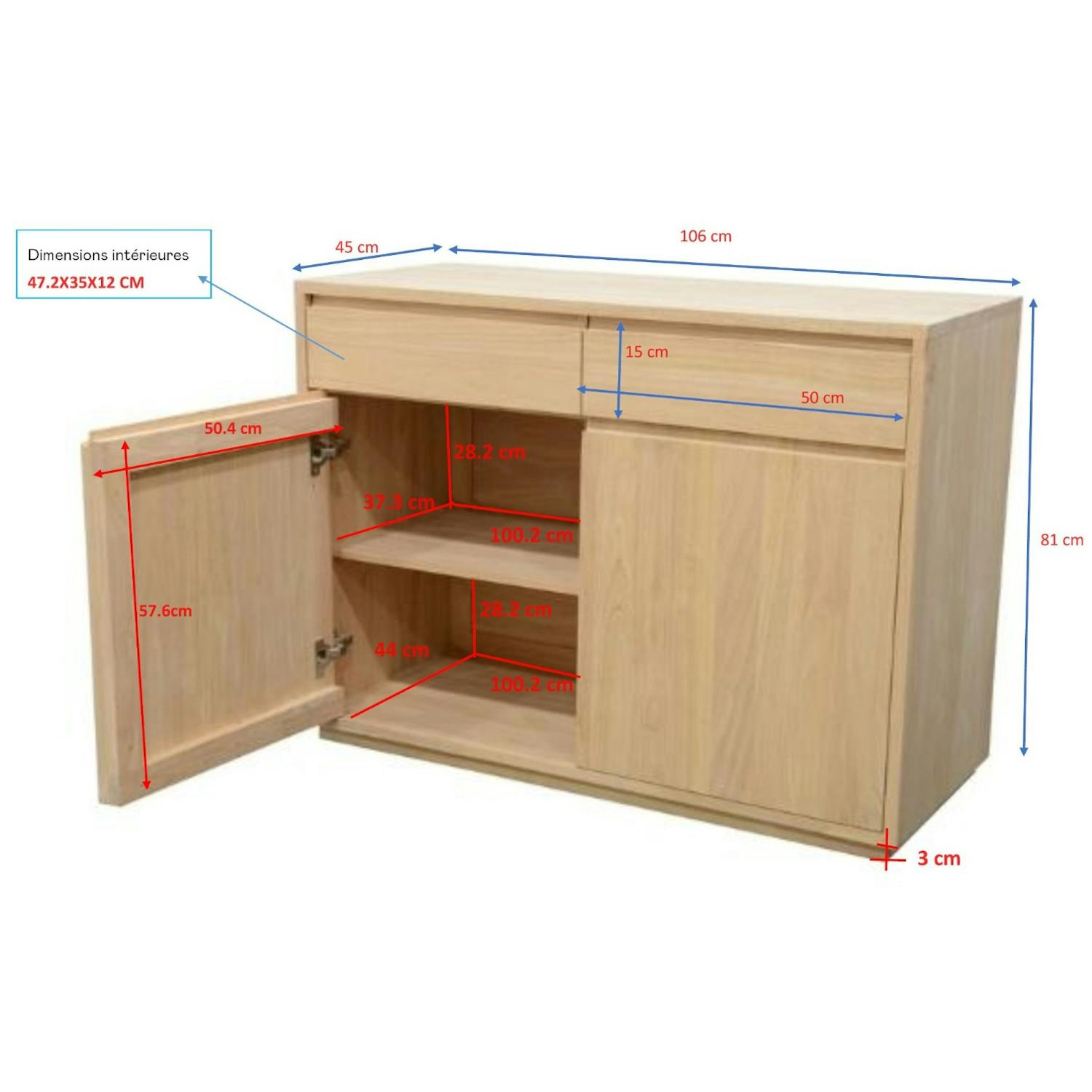Buffet bas Hévéa 2 portes, 2 tiroirs 106x45x81cm BALTIC
