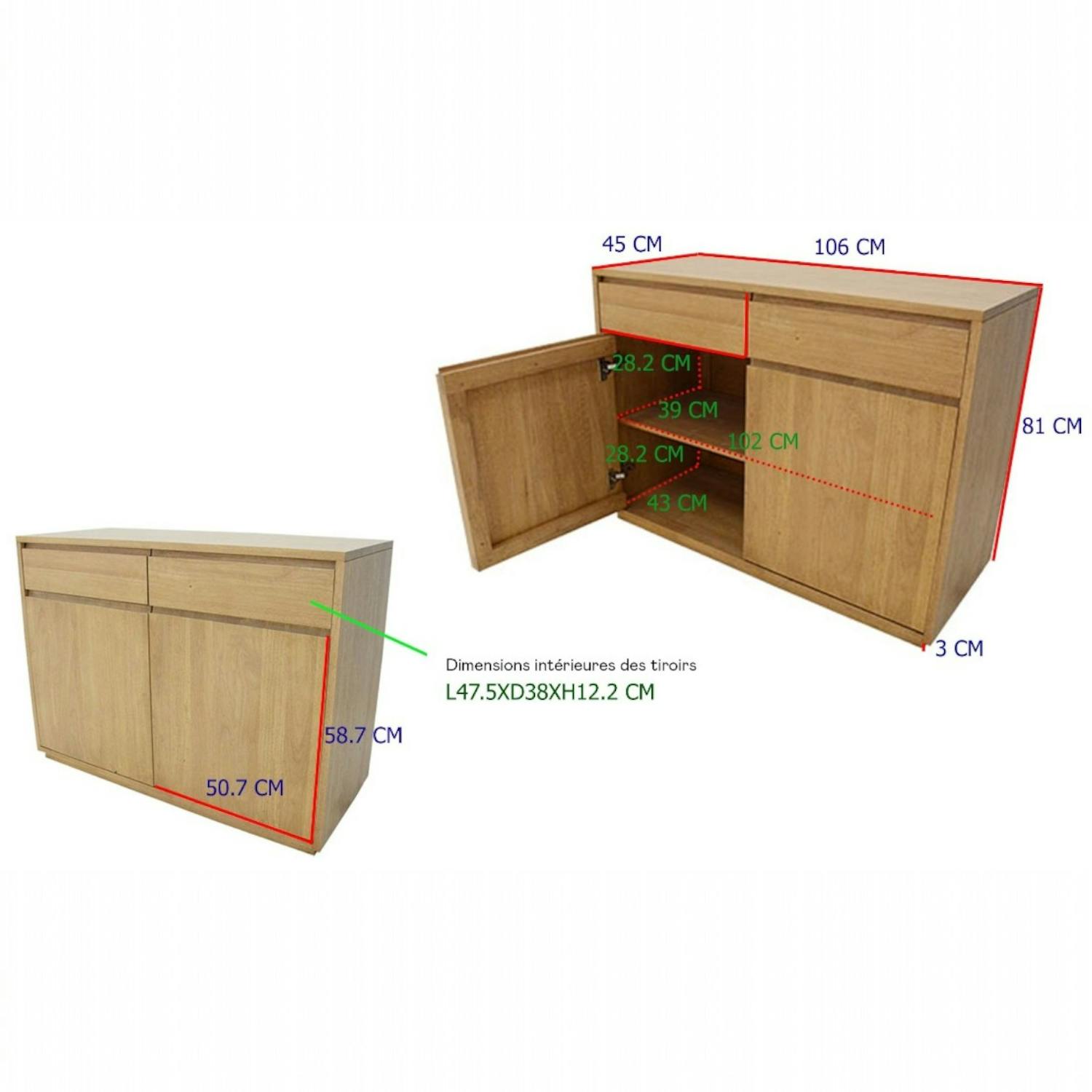 Buffet bas Hévéa 2 portes, 2 tiroirs 106x45x81cm BALTIC