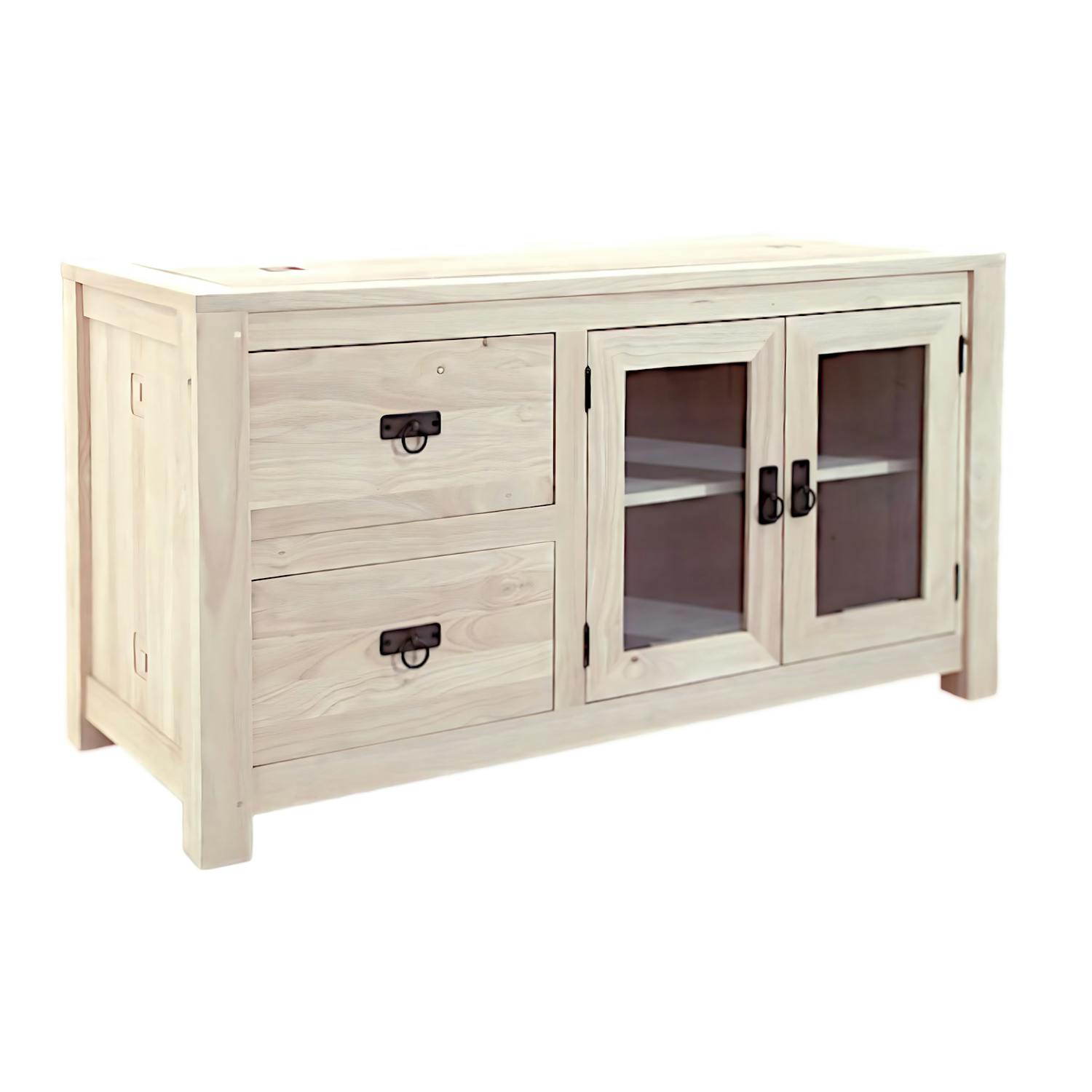 Buffet bas Hévéa 2 portes vitrées, 2 tiroirs 120x50x65cm TESSA