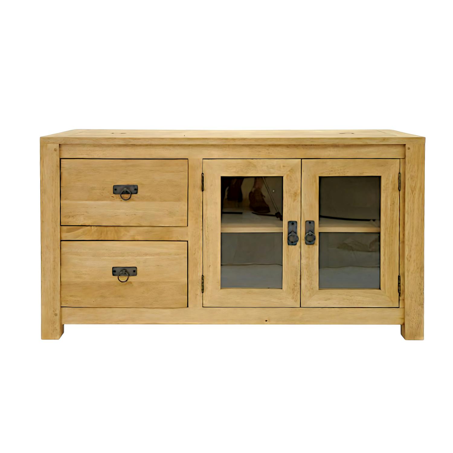Buffet bas Hévéa 2 portes vitrées, 2 tiroirs 120x50x65cm TESSA
