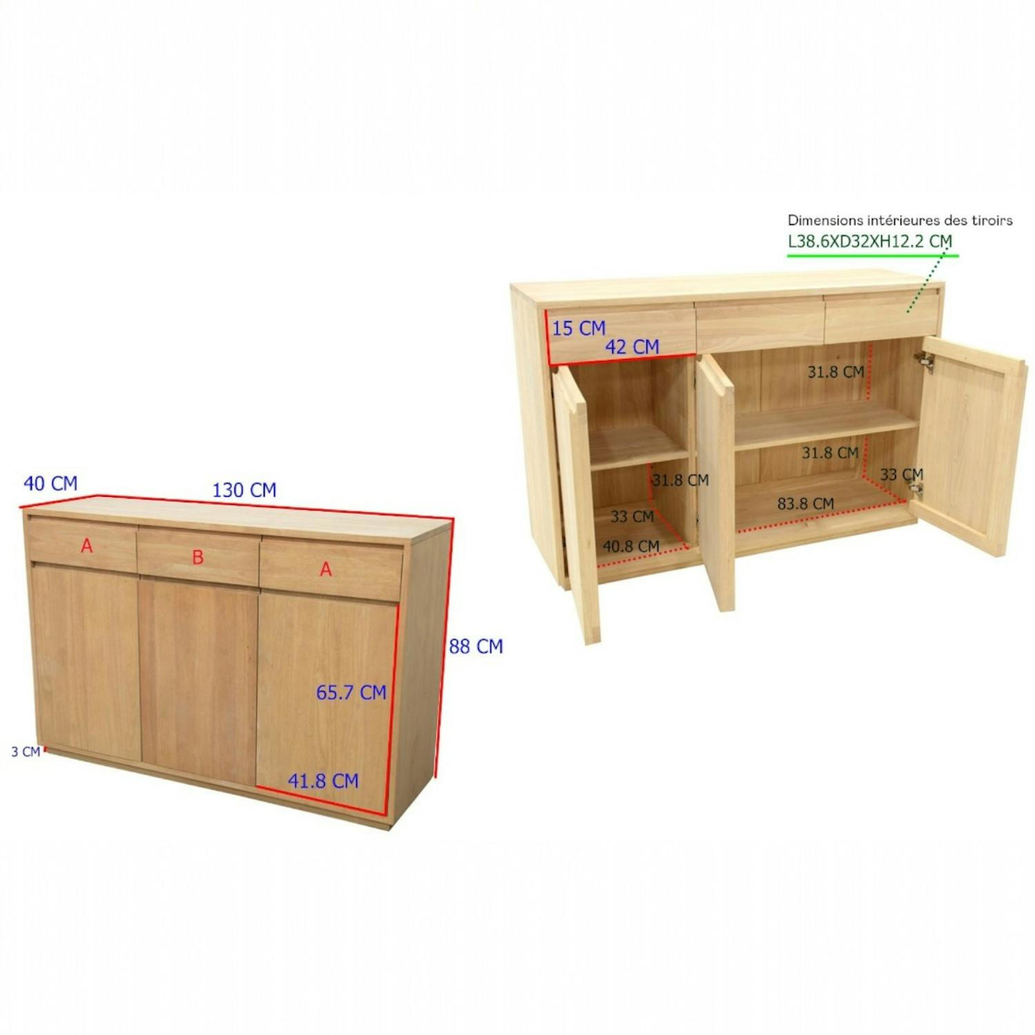 Buffet bas Hévéa 3 portes, 3 tiroirs 130x40x88cm BALTIC