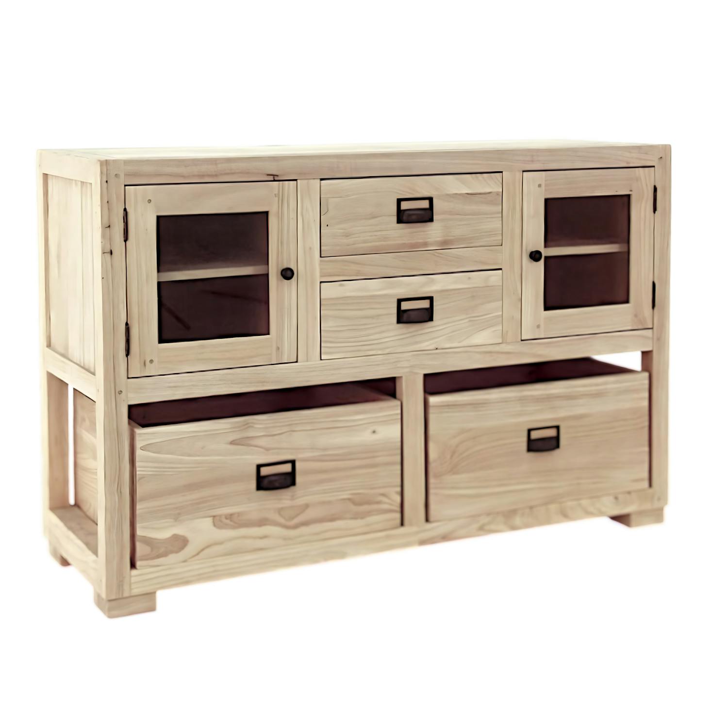 Buffet / Console Hévéa 2 portes vitrées, 2 tiroirs, 2 casiers amovibles 124x42x82cm TRADITION