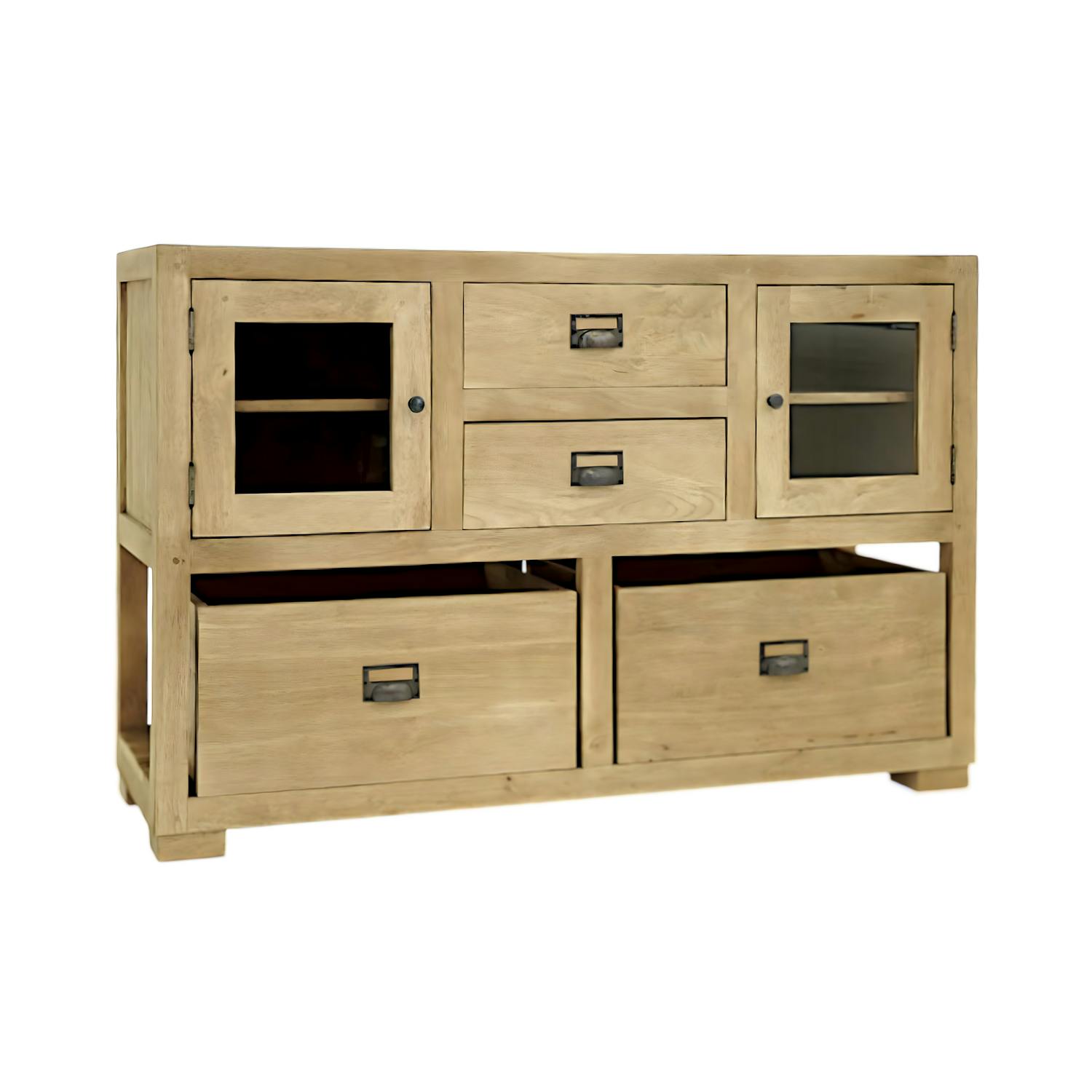 Buffet / Console Hévéa 2 portes vitrées, 2 tiroirs, 2 casiers amovibles 124x42x82cm TRADITION