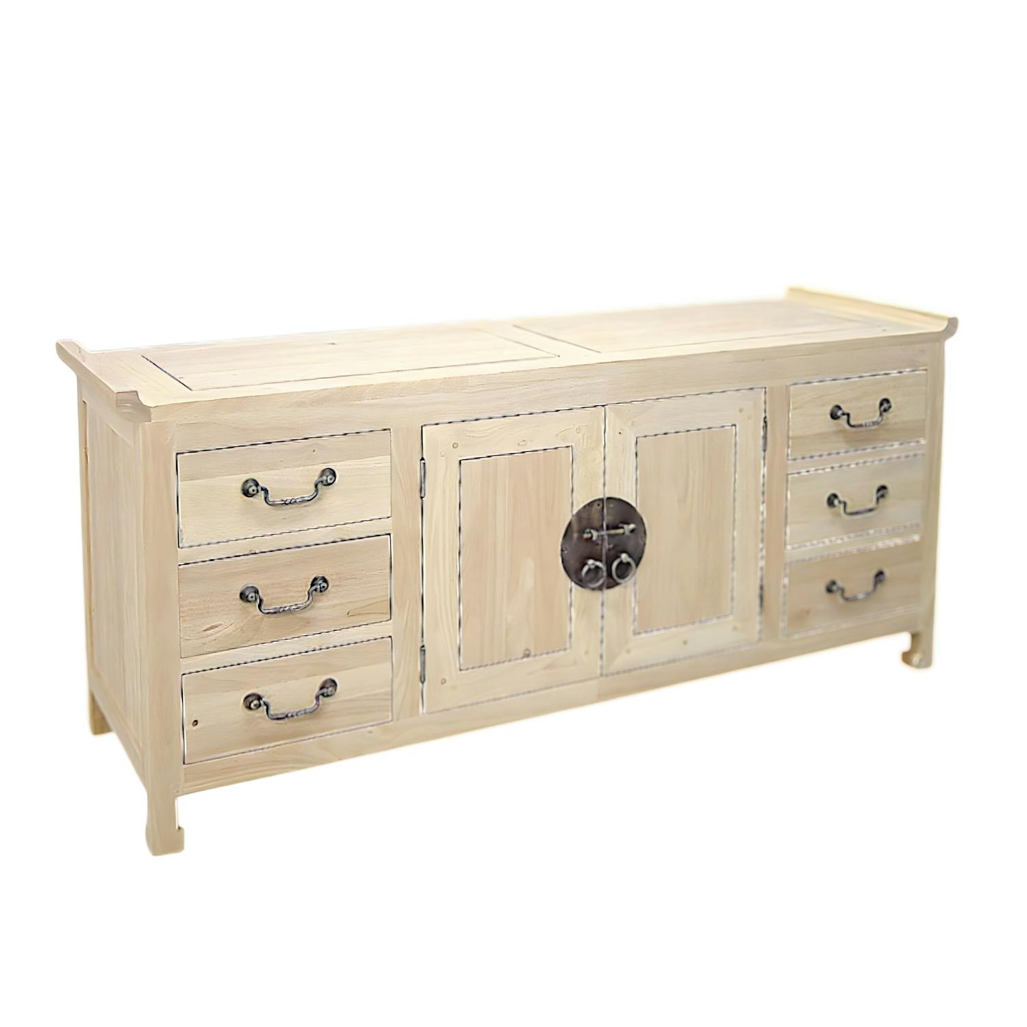 Buffet / Enfilade Chinois Hévéa 2 portes, 6 tiroirs 145x45x65cm MAORI