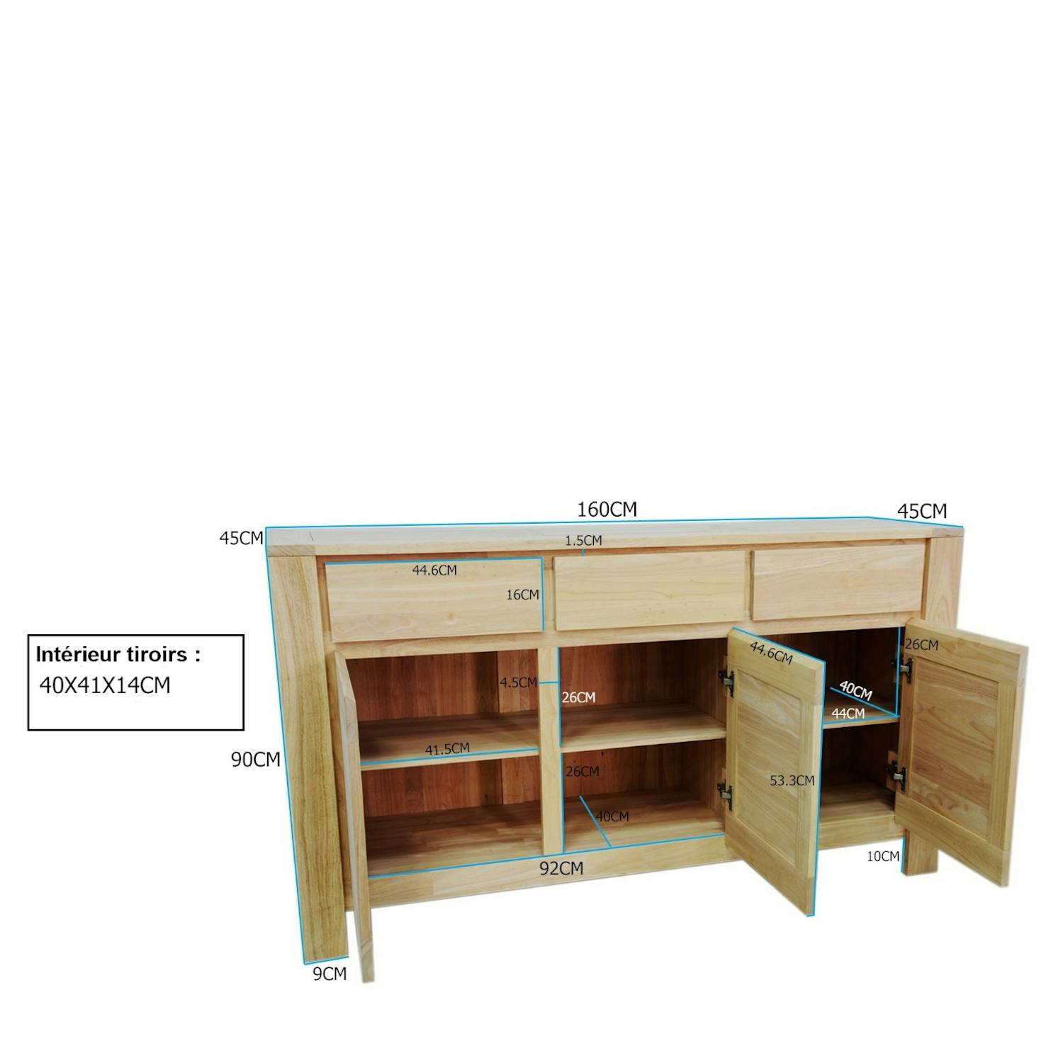 Buffet Enfilade Hévéa 3 portes, 3 tiroirs, 160x45x90cm OLGA