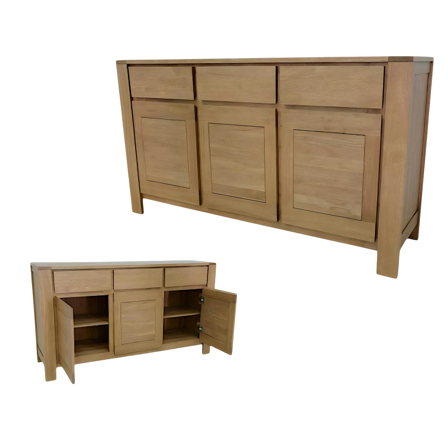 Buffet Enfilade Hévéa 3 portes, 3 tiroirs, 160x45x90cm OLGA