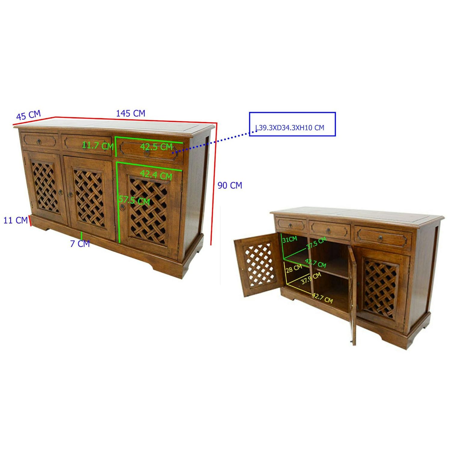 Buffet Enfilade Hévéa 3 portes motif tressé, 3 tiroirs 146x44x90cm MAORI