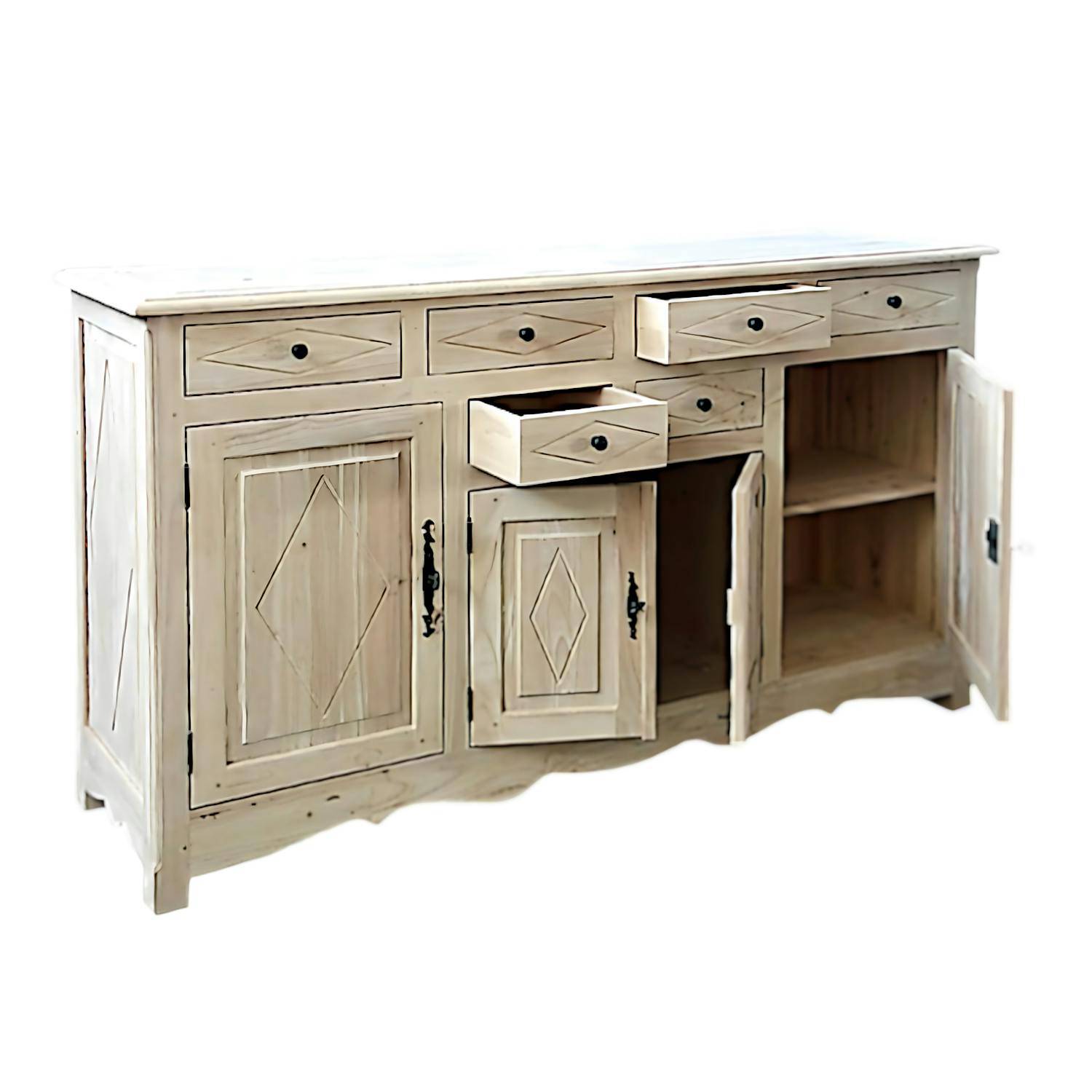 Buffet Enfilade Hévéa 4 portes, 6 tiroirs 170x48x95cm TRADITION