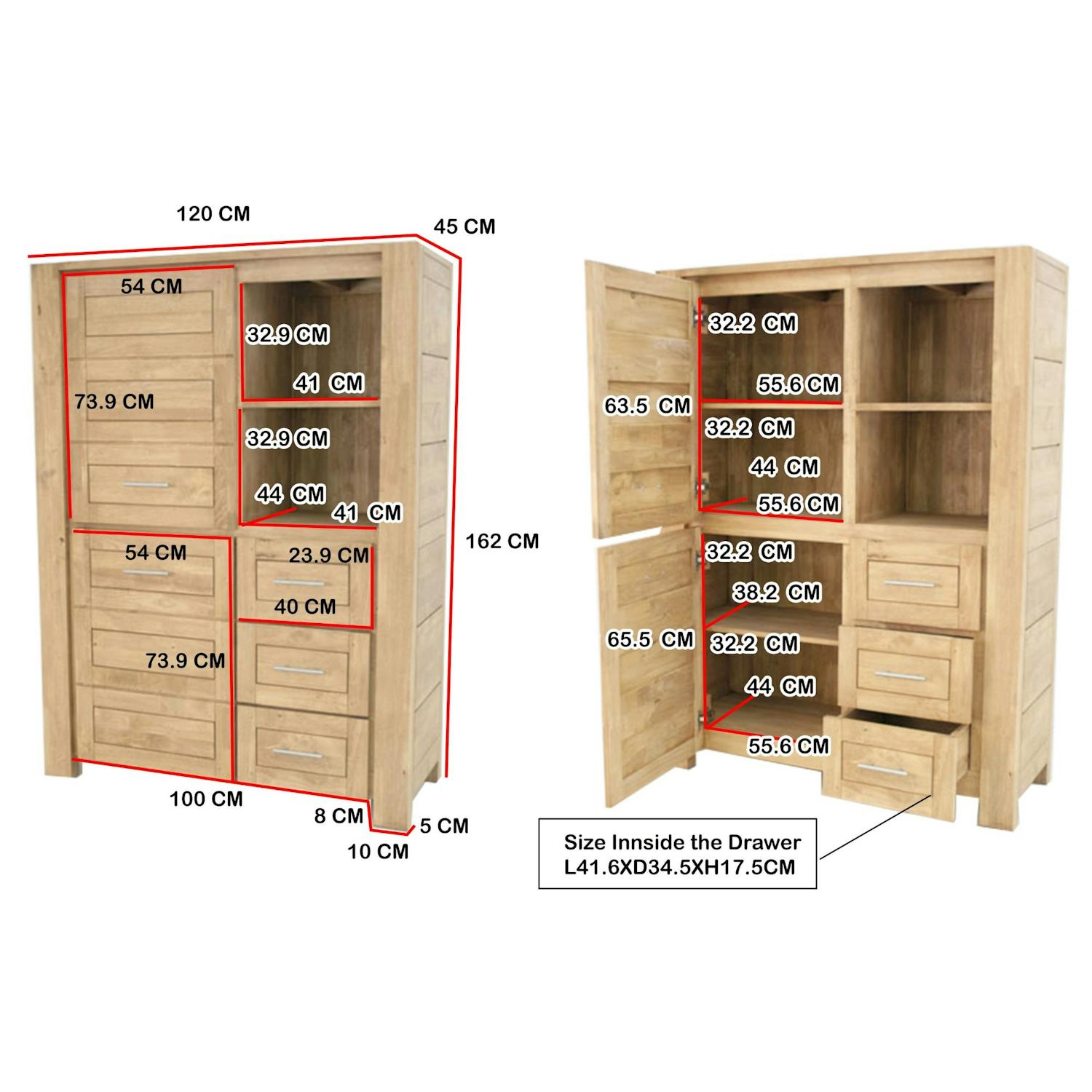 Buffet haut / Bibliothèque Hévéa 2 portes, 3 tiroirs, 2 niches 120x45x162cm ATTAN