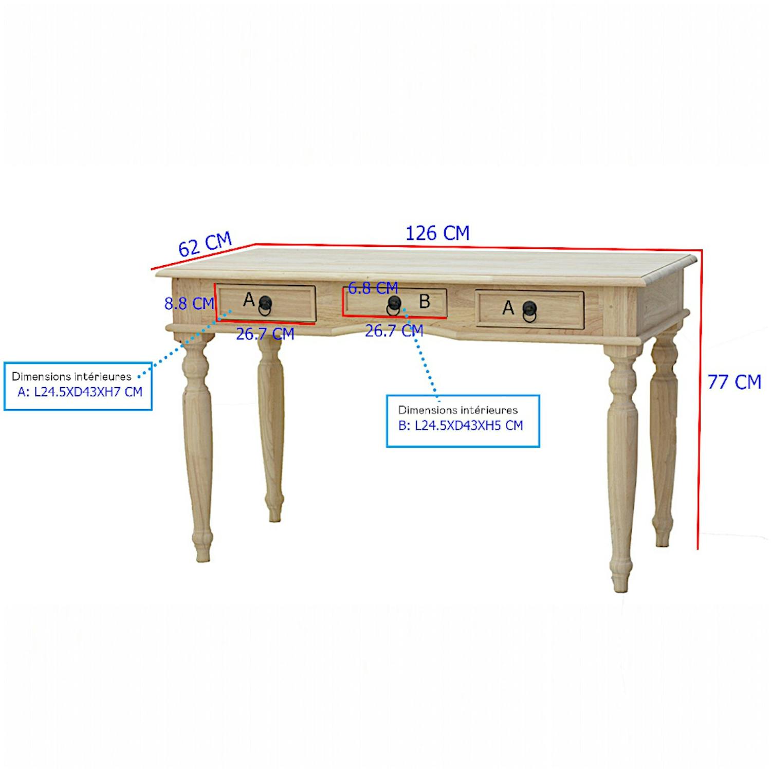Bureau 3 tiroirs hévéa 130x62x75cm TRADITION