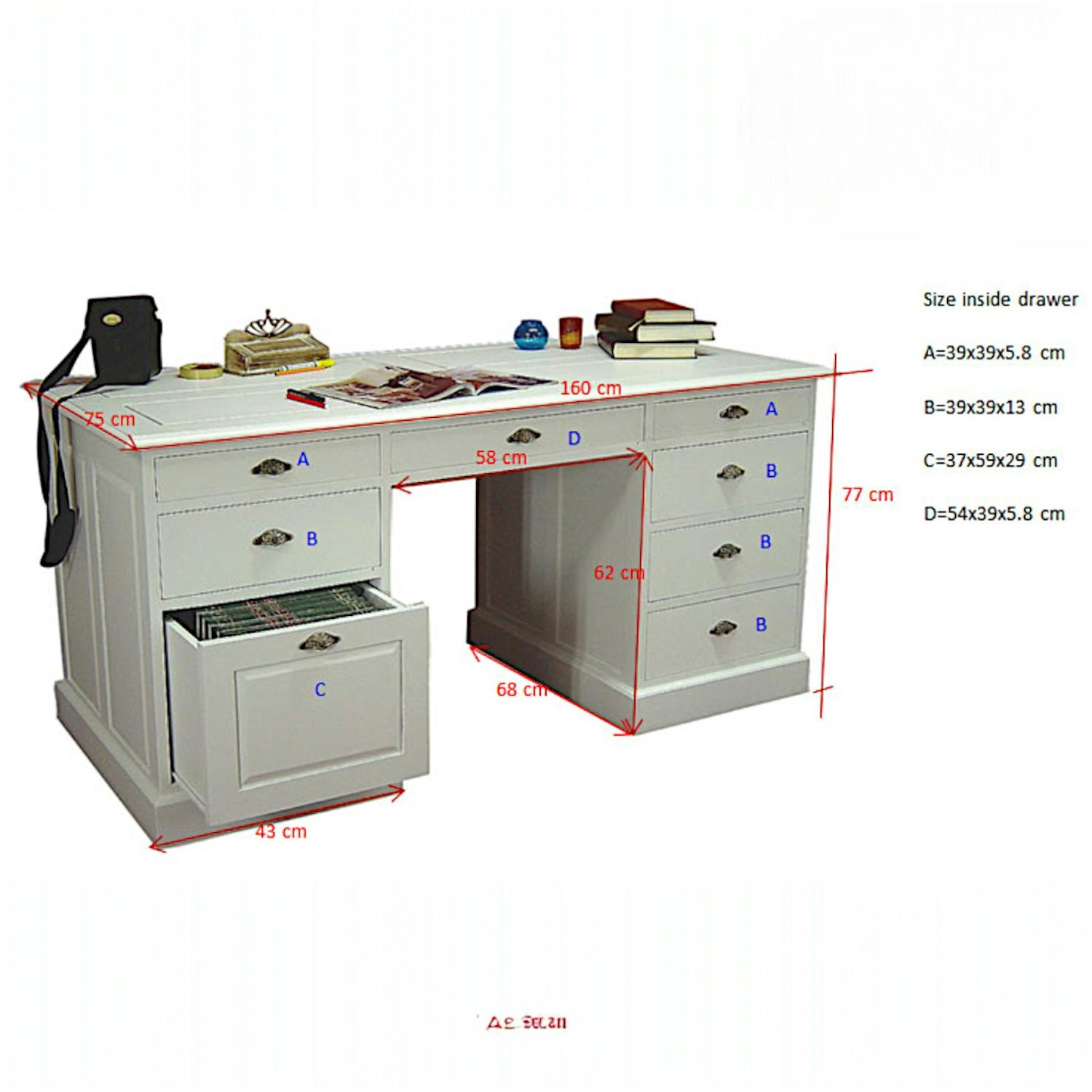 Bureau 8 tiroirs hévéa 160cm TRADITION