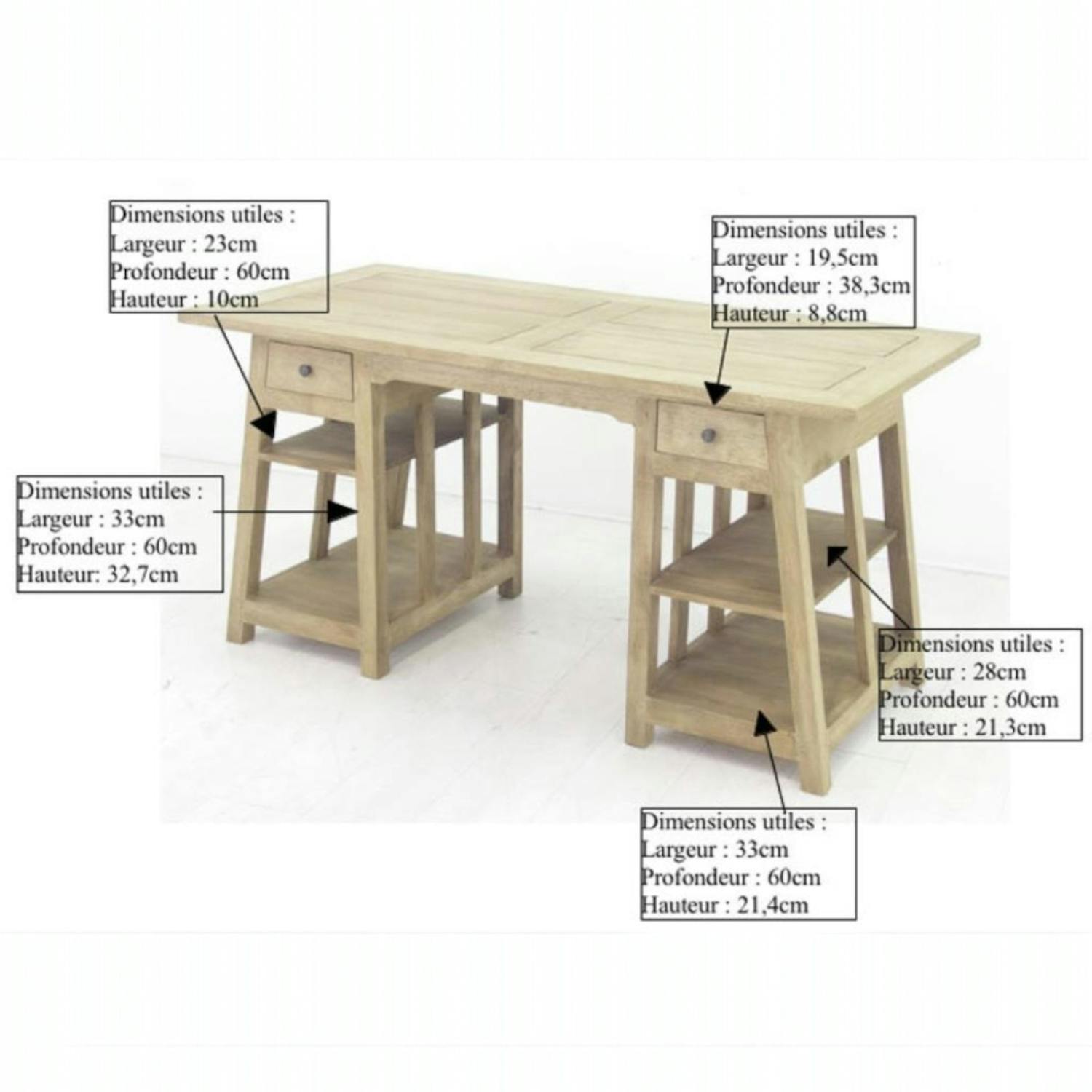 Bureau exotique hévéa massif 2 tiroirs 150cm MAORI