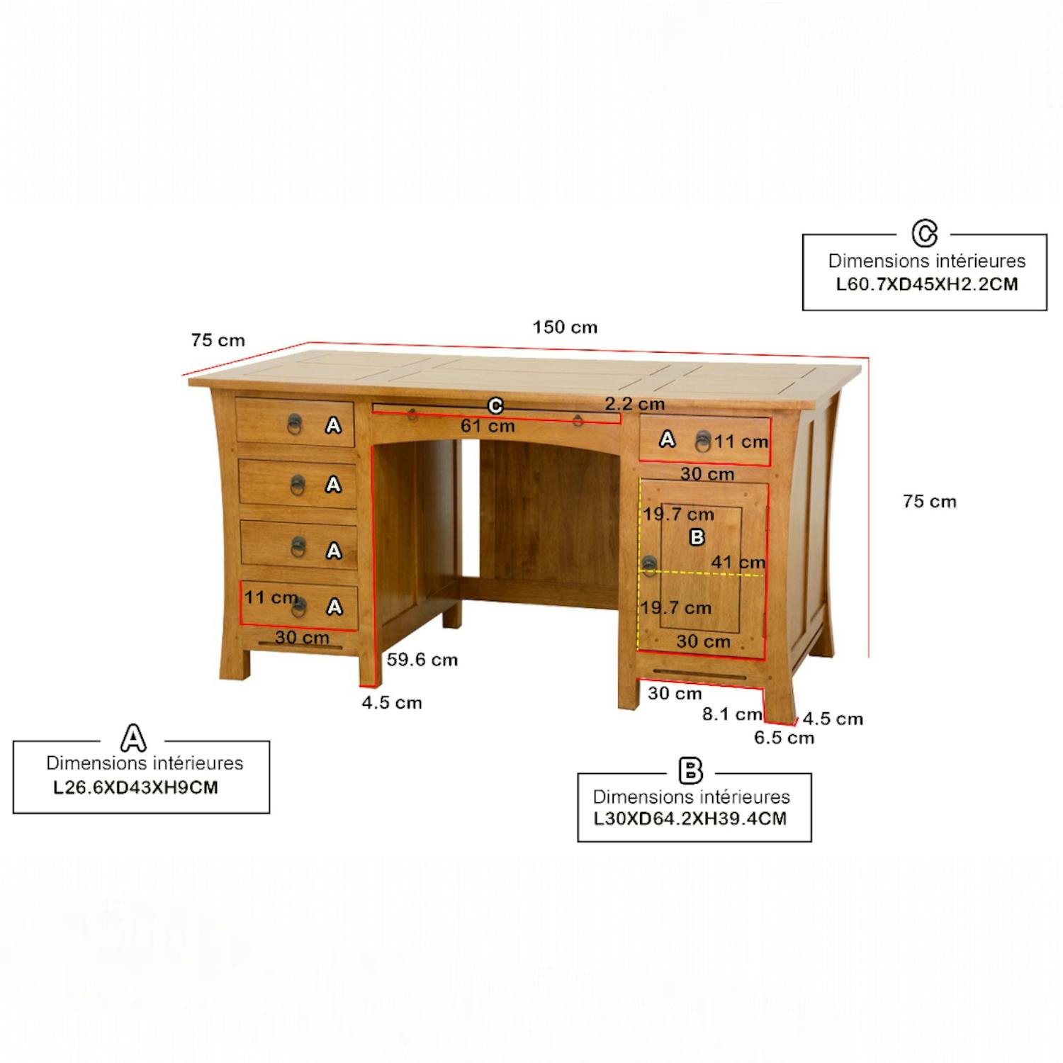 Bureau exotique hévéa massif 5 tiroirs 150cm MAORI