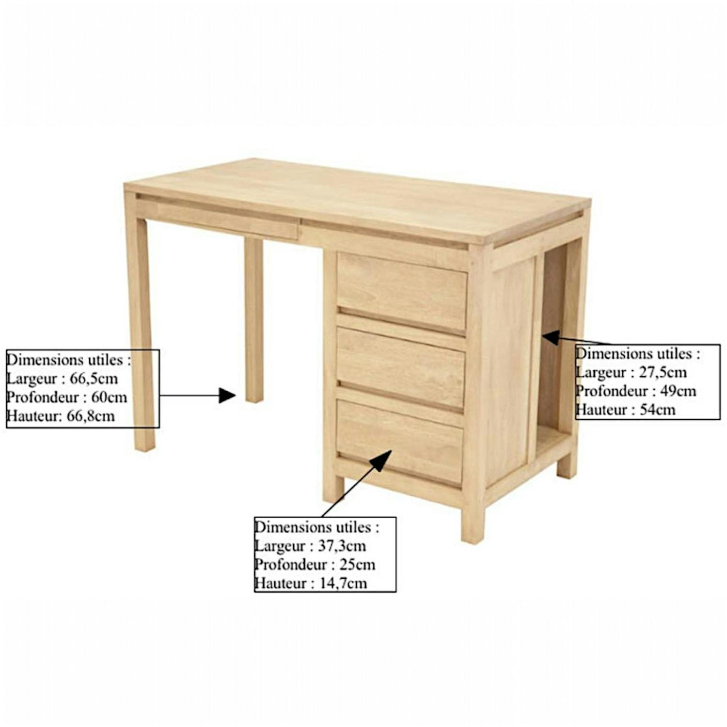 Bureau moderne 3 tiroirs hévéa 120x60x76cm OLGA