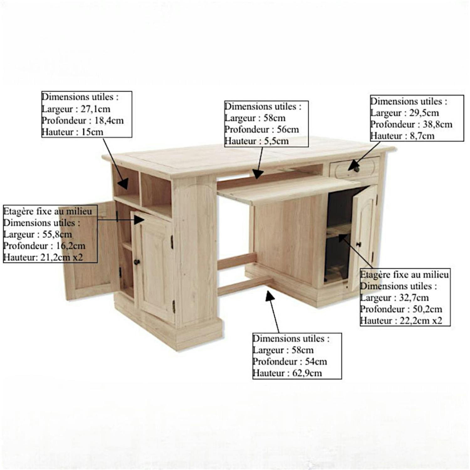Bureau multimedia hévéa massif 125cm TRADITION