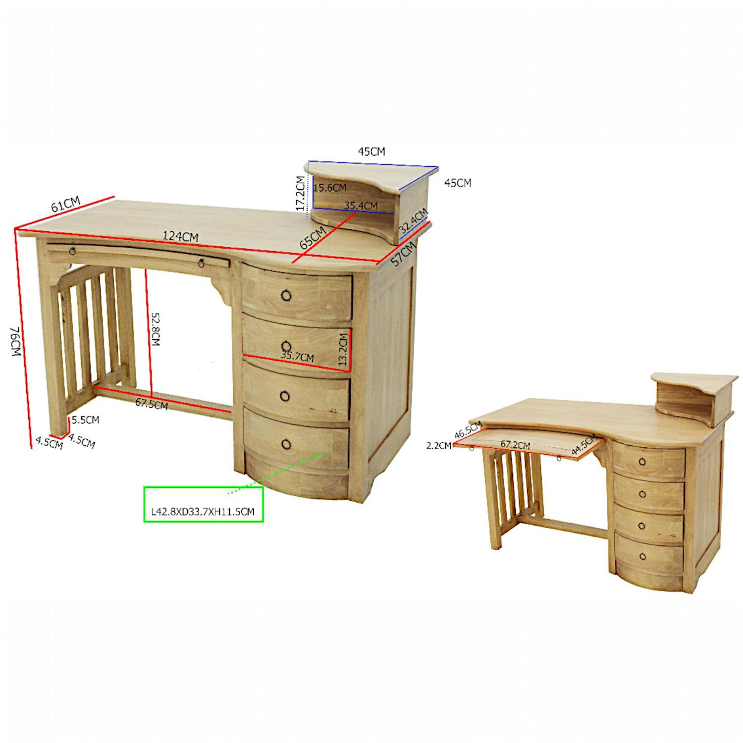 Bureau multimédia Vague Hévéa 4 tiroirs, 1 niche supérieure, 1 plateau coulissant 124x65x76cm TRADITION