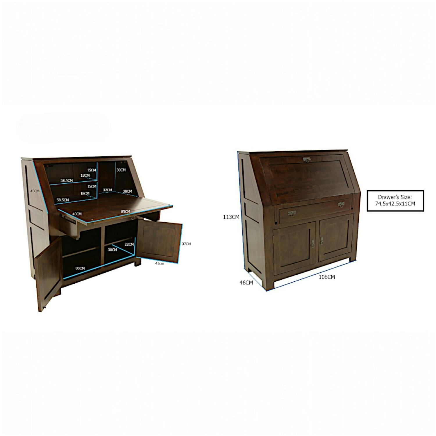 Bureau refermable Hévéa 3 portes, 1 tiroir 106x46x113cm HELENA