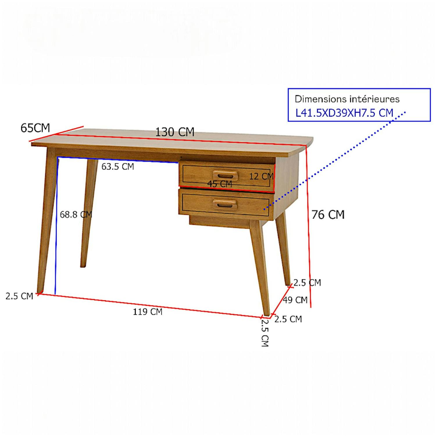 Bureau retro bois 2tiroirs hévéa 130cm SIXTIES