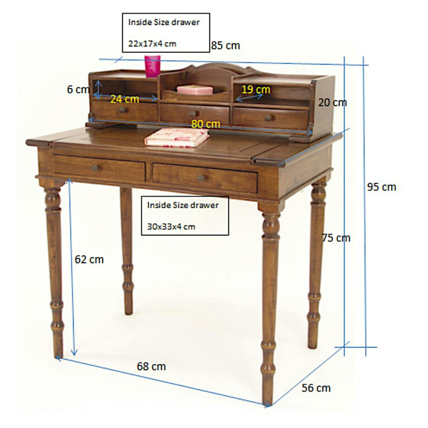 Bureau secrétaire 5 tiroirs hévéa 85x56x95cm TRADITION