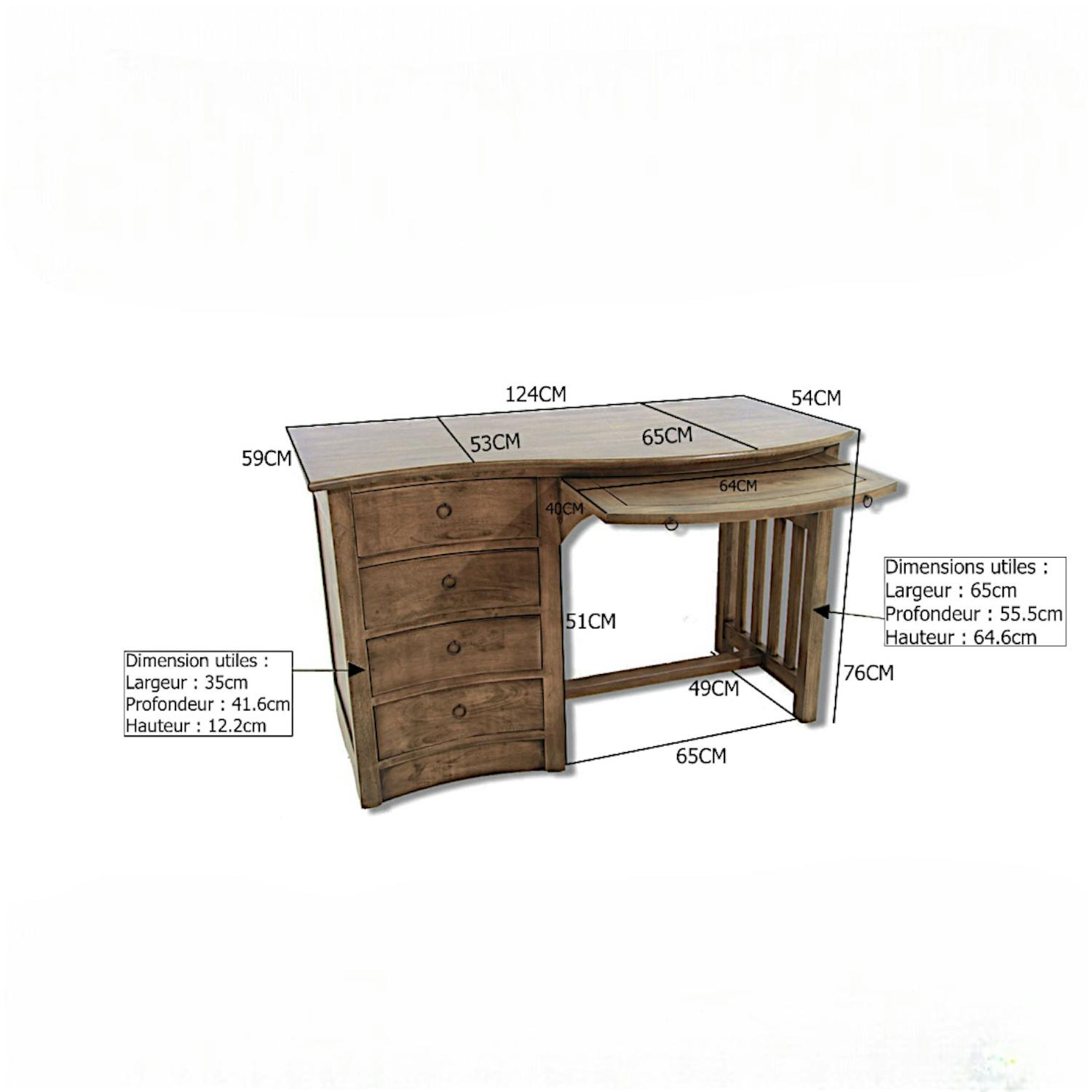 Bureau vague colonial 4 tiroirs hévéa 124cm TRADITION