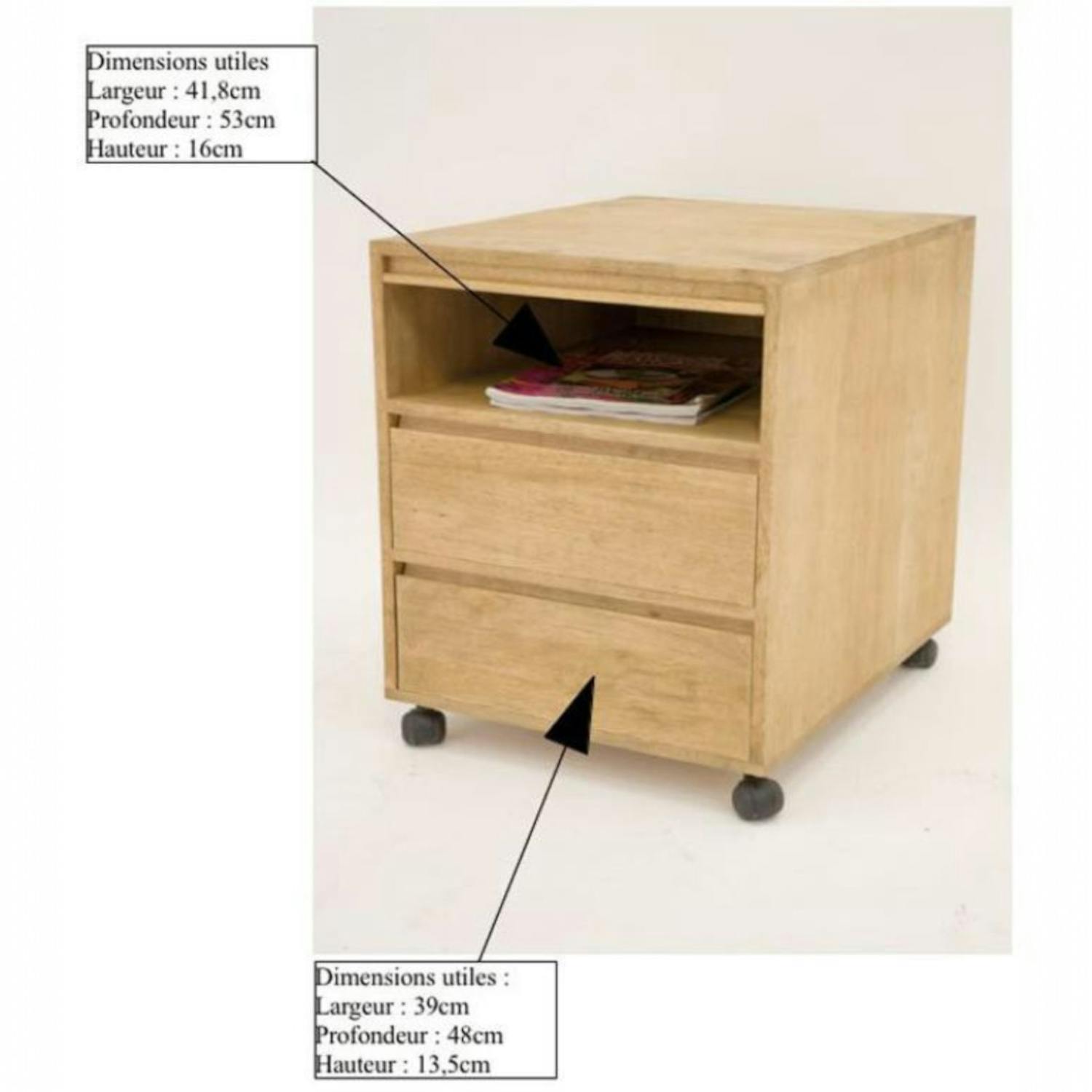 Caisson de bureau roulettes hévéa 2 tiroirs 60cm OLGA