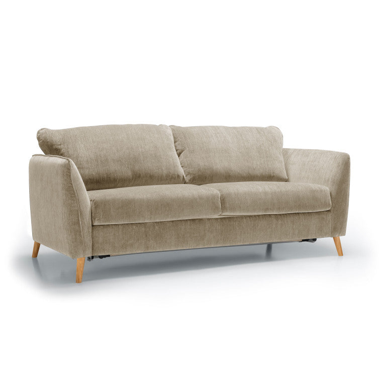 Canapé convertible en velours chenillé Lucy avec pieds bois – Beige n°3AT – Canapé 4 places