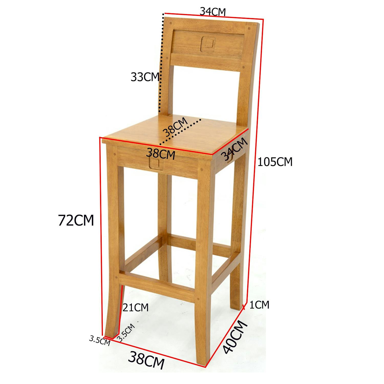 Chaise de bar hévéa 38x41x105cm TESSA