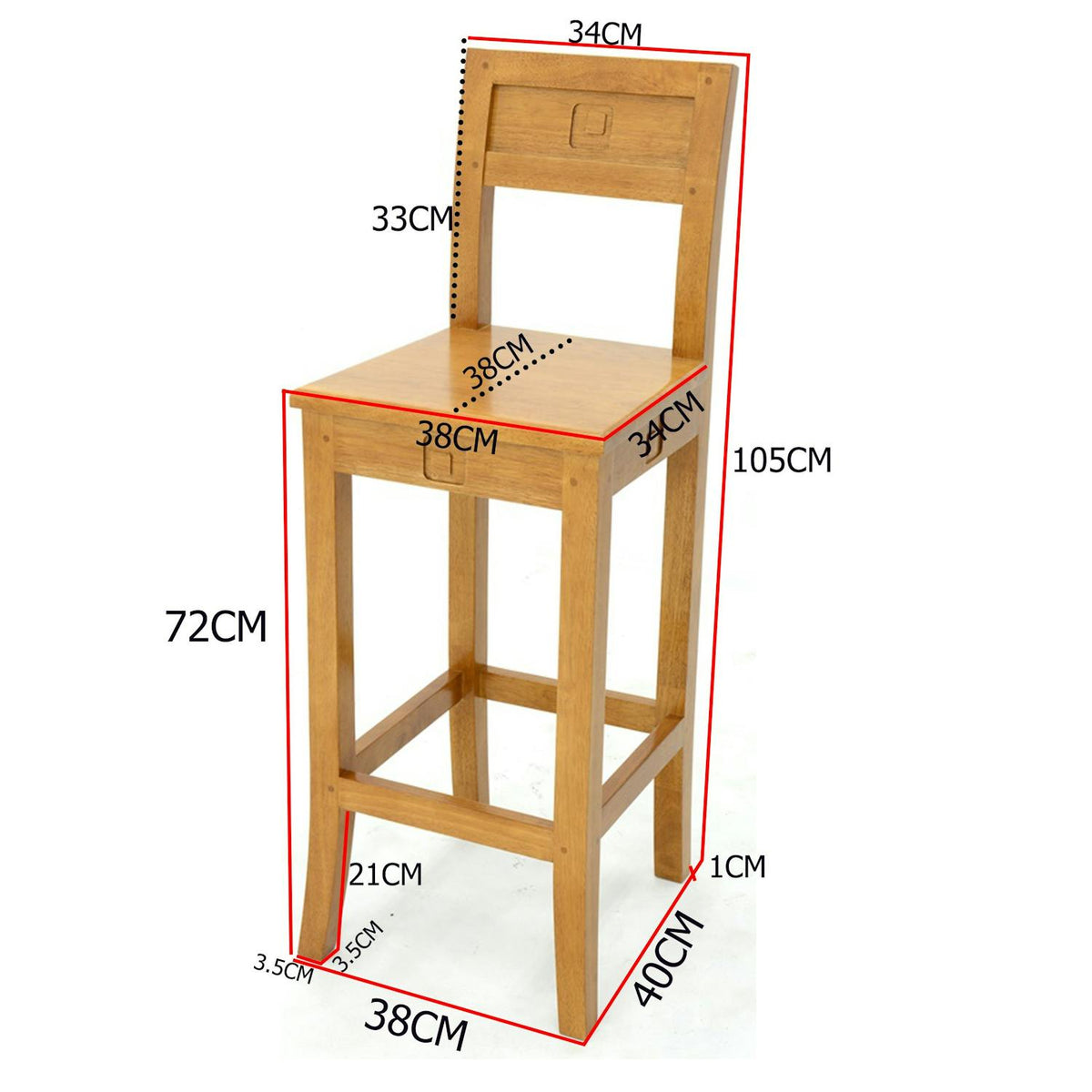 Chaise de bar hévéa 38x41x105cm TESSA