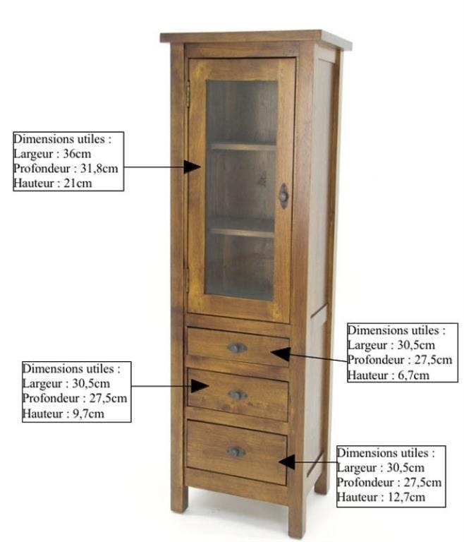 Colonne vitrine 1 porte 3 tiroirs hévéa 130cm TRADITION