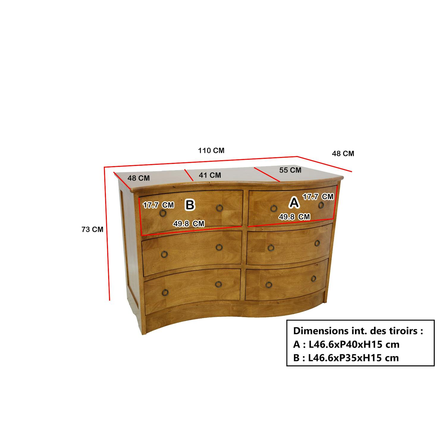 Commode exotique vague hévéa 6 tiroirs 110cm TRADITION