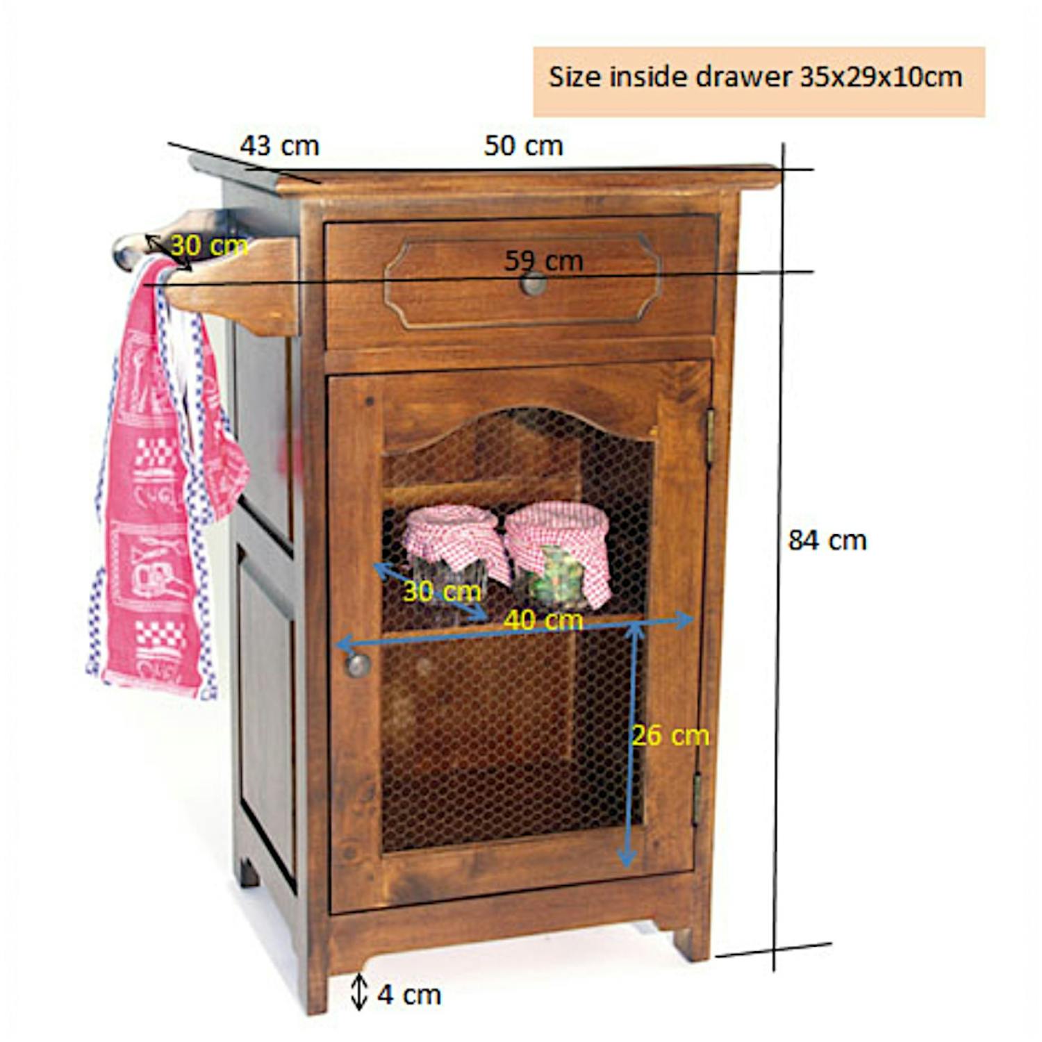 Confiturier / Meuble de cuisine Hévéa 1 tiroir, 1 porte grillagée, 1 accroche torchon 59x43x84cm TRADITION
