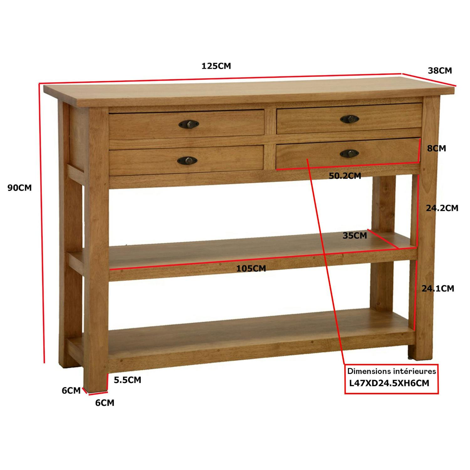 Console drapier avec tiroirs bois hévéa 125cm TRADITION