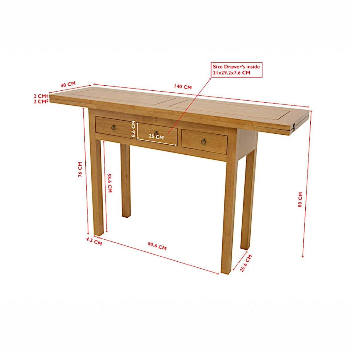Console extensible en table à tiroirs hévéa 140cm HELENA