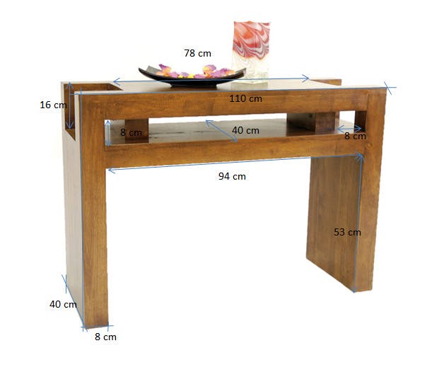 Console Hévéa 2 niches intégrées dans son double plateaux 110x40x78cm OLGA