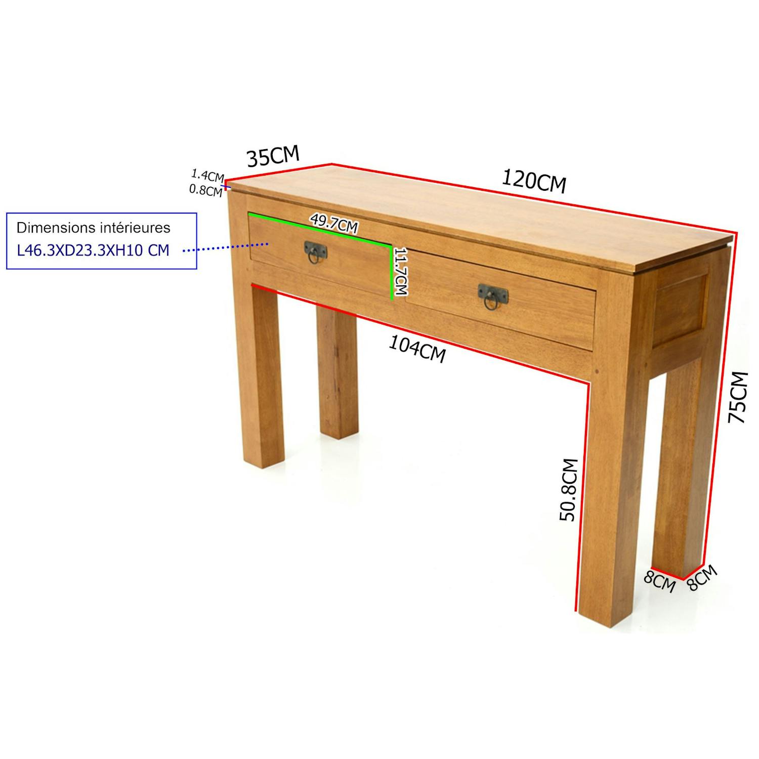 Console hévéa 2 tiroirs 120cm HELENA