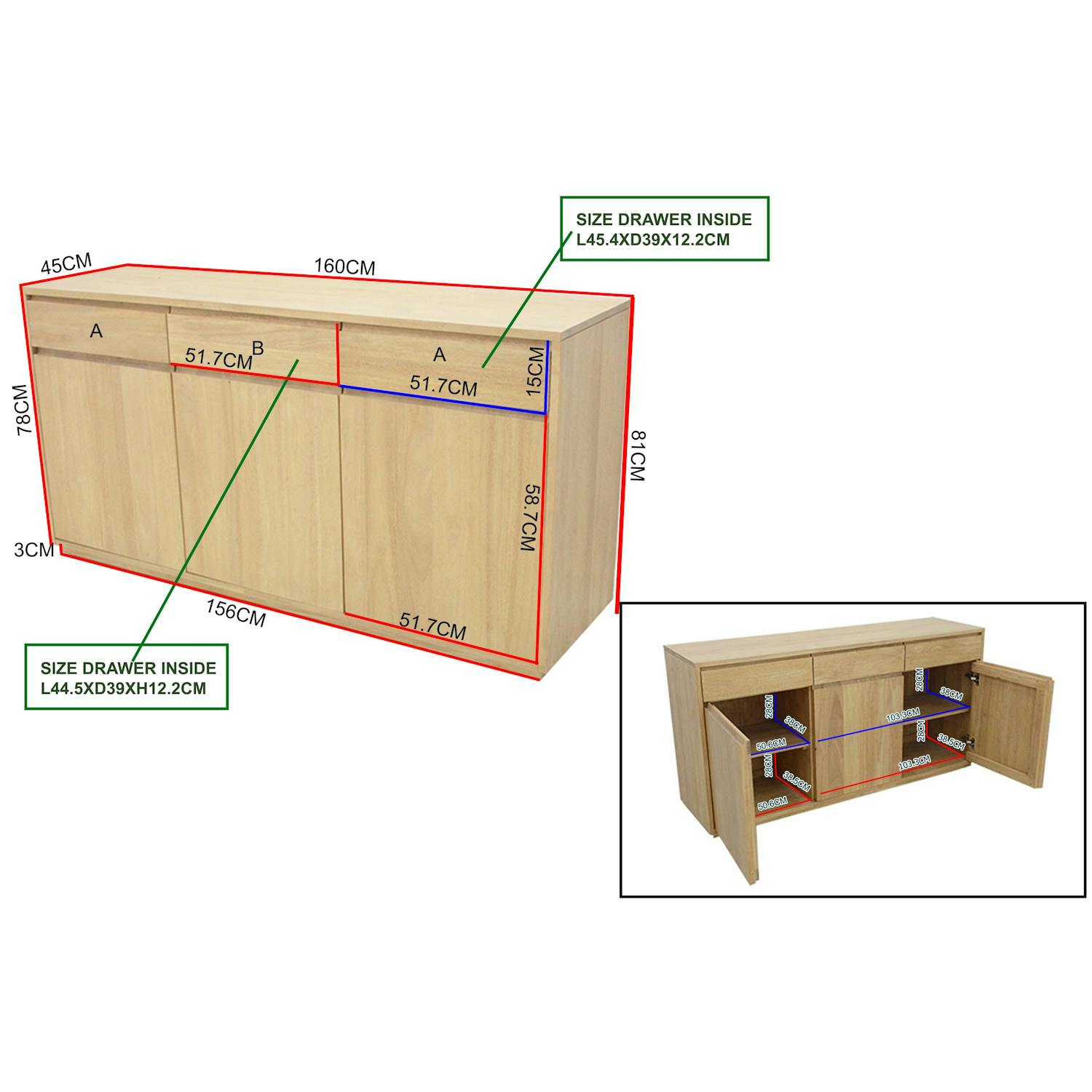 Enfilade / Buffet long Hévéa 3 portes, 3 tiroirs 160x45x81cm BALTIC