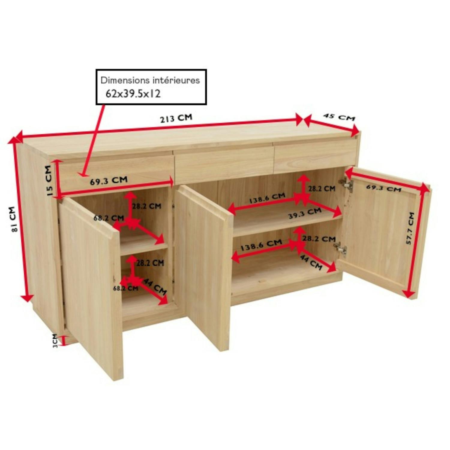 Enfilade / Buffet long Hévéa 3 portes, 3 tiroirs 213x45x81cm BALTIC