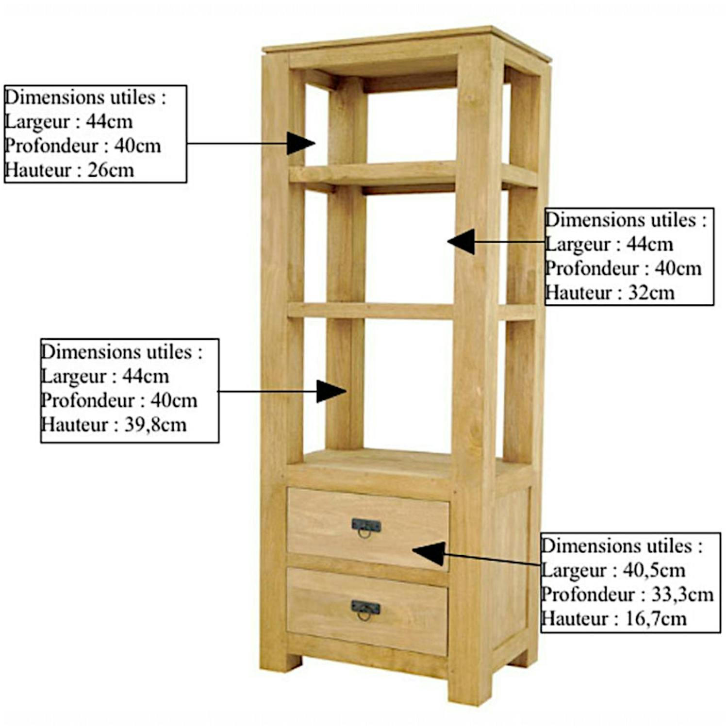 Etagère colonne 2 tirois hévéa massif H170cm HELENA